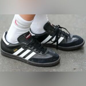 Adidas Samba Black White Sneakers Long Tongue With Red Writing Mens 6.5